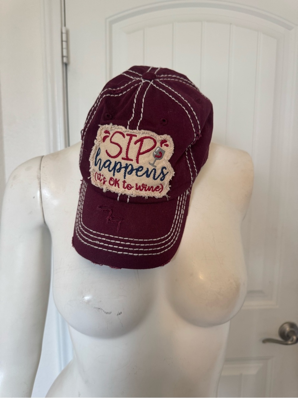 Sip Happens Embroidered Burgundy Baseball Cap